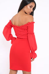 Red Shirred Wrap Over Bardot Mini Dress - Natasha