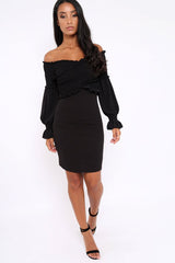 Black Shirred Wrap Over Bardot Mini Dress - Natasha
