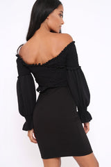 Black Shirred Wrap Over Bardot Mini Dress - Natasha