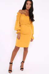 Mustard Shirred Wrap Over Bardot Mini Dress - Natasha