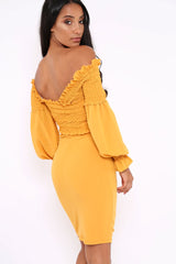 Mustard Shirred Wrap Over Bardot Mini Dress - Natasha