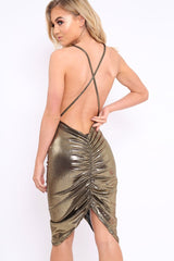 Gold Metallic Ruched Cowl Neck Dress - Nathalie