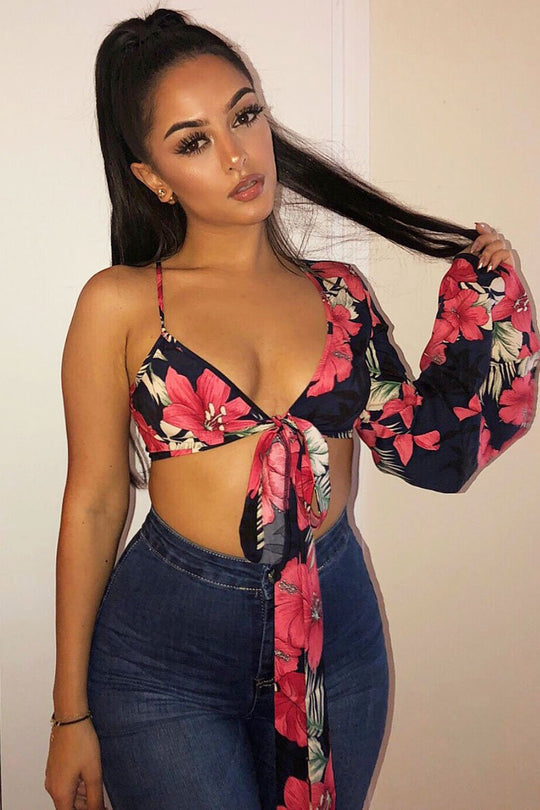 Navy Floral Print Asymmetrical Sleeve Crop Top - Clarinda