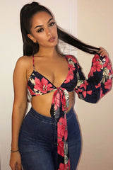 Navy Floral Print Asymmetrical Sleeve Crop Top - Clarinda