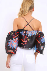 Black Floral Print Bell Sleeve Crop Top - Shantall
