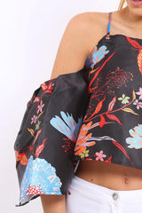 Black Floral Print Bell Sleeve Crop Top - Shantall