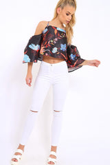 Black Floral Print Bell Sleeve Crop Top - Shantall