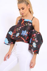 Black Floral Print Bell Sleeve Crop Top - Shantall