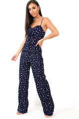 Navy Polka Dot Tie Front Cut Out Jumpsuit - Callen