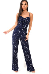 Navy Polka Dot Tie Front Cut Out Jumpsuit - Callen