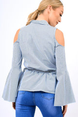 Navy Striped Cold Shoulder Tie Shirt - Aniyah