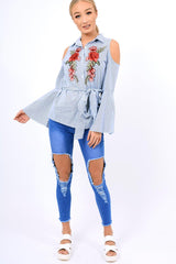 Navy Striped Cold Shoulder Tie Shirt - Aniyah