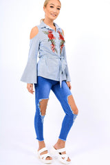 Navy Striped Cold Shoulder Tie Shirt - Aniyah