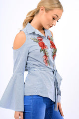 Navy Striped Cold Shoulder Tie Shirt - Aniyah