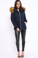 Navy Padded Coat With Faux Fur Trim Hood - Jocelyn
