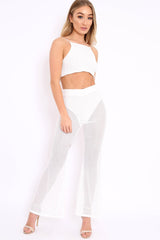 White Ribbed Crop Top and Sheer Trousers Co-ord - Nayana