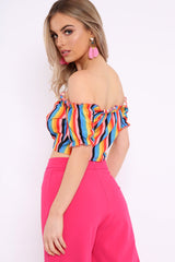 Rainbow Stripe Ruched Bardot Gypsy Crop Top - Katerin