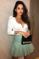 White Ribbed Plunge Puff Sleeve Bodysuit - Saffy