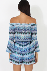 Blue Aztec Print Crochet Bardot Playsuit - Nelly
