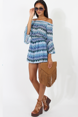 Blue Aztec Print Crochet Bardot Playsuit - Nelly