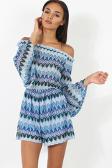Blue Aztec Print Crochet Bardot Playsuit - Nelly