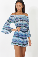 Blue Aztec Print Crochet Bardot Playsuit - Nelly