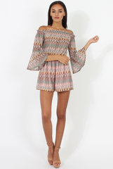 Pink Aztec Print Crochet Bardot Playsuit - Nelly