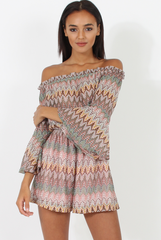 Pink Aztec Print Crochet Bardot Playsuit - Nelly