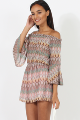 Pink Aztec Print Crochet Bardot Playsuit - Nelly