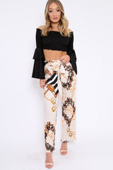 Cream Chain Pleated Wide Leg Trousers - Neola