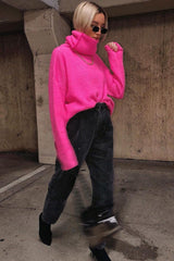 Neon Pink Roll Neck Jumper Dress - Freylynn