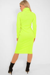 Neon Yellow Roll Neck Rib Midi Jumper Dress - Giana