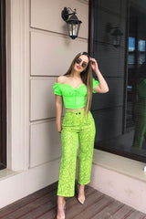Neon Yellow Coated Snake Print Trousers - Missy