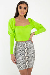 Neon Green Puff Sleeve Sweetheart Neckline Crop Top - Tomi