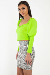 Neon Green Puff Sleeve Sweetheart Neckline Crop Top - Tomi