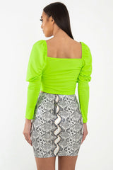 Neon Green Puff Sleeve Sweetheart Neckline Crop Top - Tomi