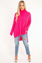 Neon Pink Cable Knit Roll Neck Jumper - Laraina