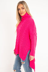 Neon Pink Cable Knit Roll Neck Jumper - Laraina