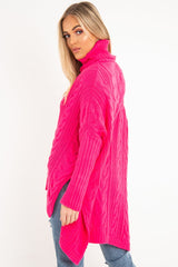 Neon Pink Cable Knit Roll Neck Jumper - Laraina
