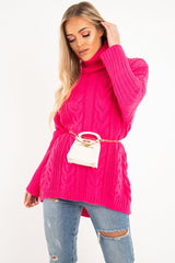 Neon Pink Cable Knit Roll Neck Jumper - Laraina