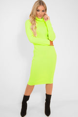 Neon Yellow Roll Neck Rib Midi Jumper Dress - Giana