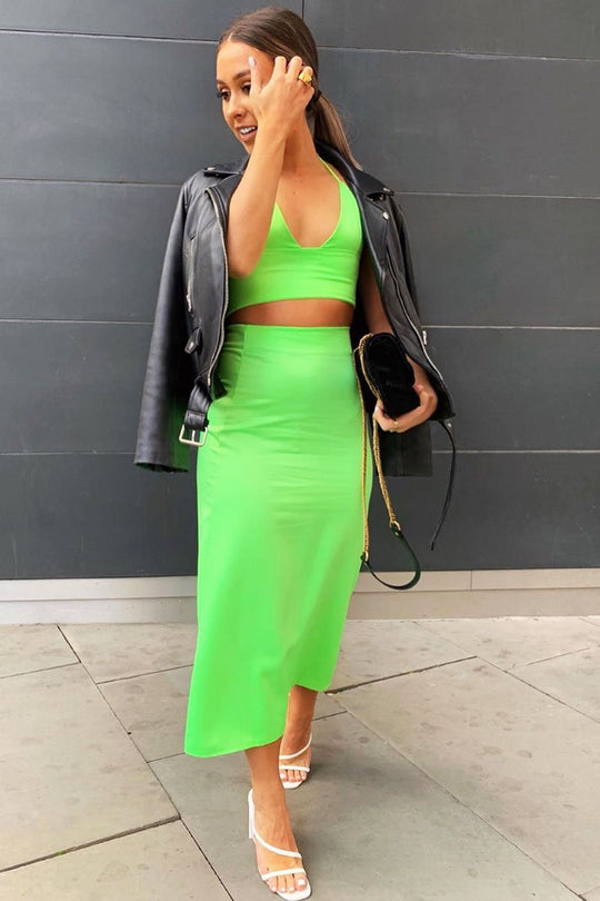 Neon Green Satin Floaty Midi Skirt - Serafina