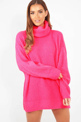 Neon Pink Roll Neck Jumper Dress - Freylynn