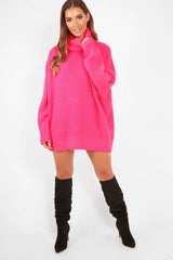 Neon Pink Roll Neck Jumper Dress - Freylynn