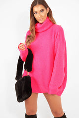 Neon Pink Roll Neck Jumper Dress - Freylynn