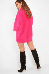 Neon Pink Roll Neck Jumper Dress - Freylynn