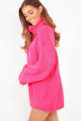 Neon Pink Roll Neck Jumper Dress - Freylynn
