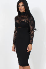 Black Lace High Neck Midi Dress-Neriah