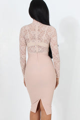 Nude Lace High Neck Midi Dress-Neriah