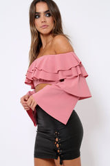 Rose extreme Layered Frill Bardot Crop Top - Nevaeh